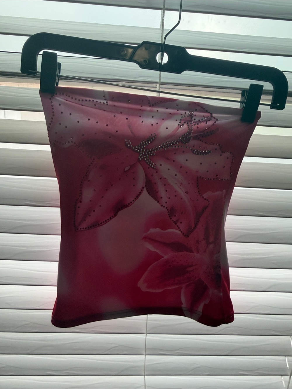 Strapless tube top with large floral print with rhinestones